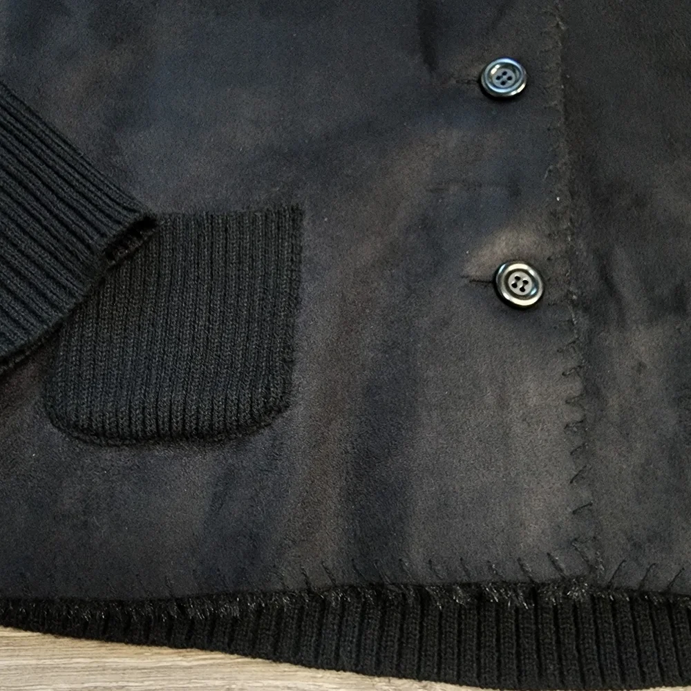 SEEU Black Ribbed Knit Faux Fur Button Down Sweater Jacket - Picture 3 of 16